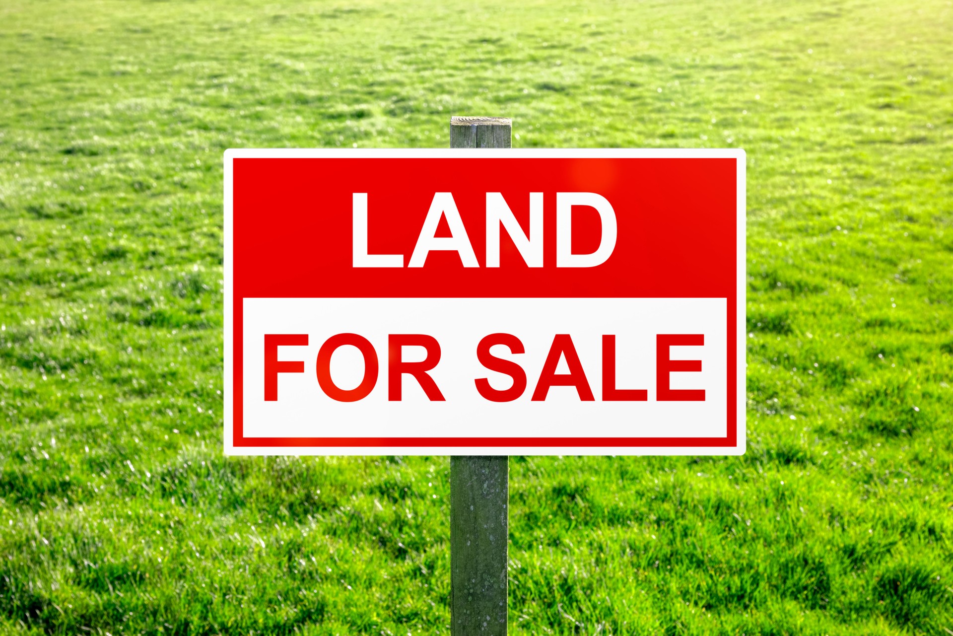 Land for sale sign in green grass field for housing development and construction